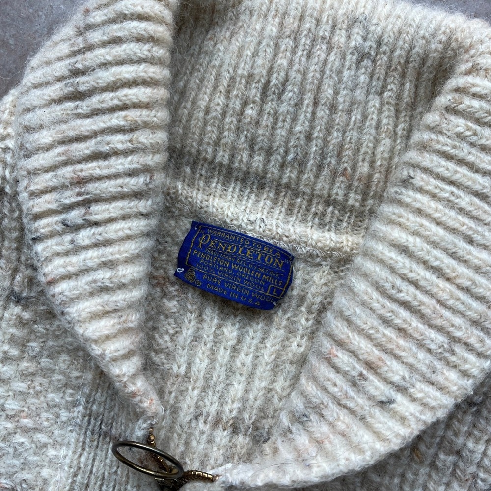 Pendleton Vintage Wool Shawl Collar Zip Cardigan Sweater Cream Fleck USA Large - Picture 2 of 7